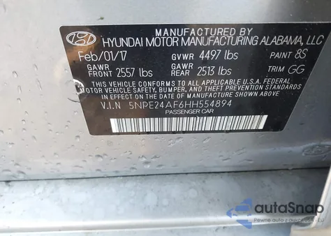 2017 Hyundai Sonata Se z USA, uszkodzony, nr VIN 5NPE24AF6HH554894